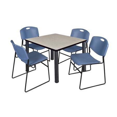 Kee/Zeng Square Maple Table/4 Blue Chairs, Square, 36", 36" W, 29" H, Maple TB3636PLBPBK44BE